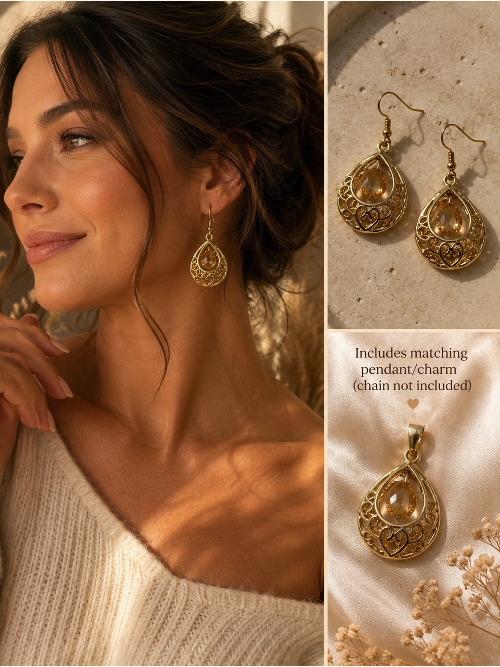 Vintage Gold Tone Teardrop Earrings w/ Champagne Crystal + Pendant